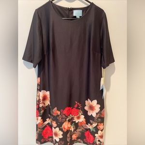 CeCe by Cynthia Steffe shift dress size large black with flowers, new with tags